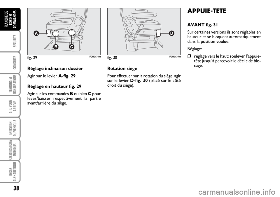 FIAT DUCATO 2006 Notice dentretien (in French) 38
SECURITE
CONDUITE
TEMOINS ETSIGNALISATIONS
S’IL VOUS
ARRIVE
ENTRETIEN
DU VEHICULE
CARACTERISTIQUES
TECHNIQUES
INDEX
ALPHABETIQUE
PLANCHE DE
BORD ET
COMMANDES
APPUIE-TETE
AVANT fig. 31
Sur certain FIAT DUCATO 2006 Notice dentretien (in French) 38
SECURITE
CONDUITE
TEMOINS ETSIGNALISATIONS
S’IL VOUS
ARRIVE
ENTRETIEN
DU VEHICULE
CARACTERISTIQUES
TECHNIQUES
INDEX
ALPHABETIQUE
PLANCHE DE
BORD ET
COMMANDES
APPUIE-TETE
AVANT fig. 31
Sur certain