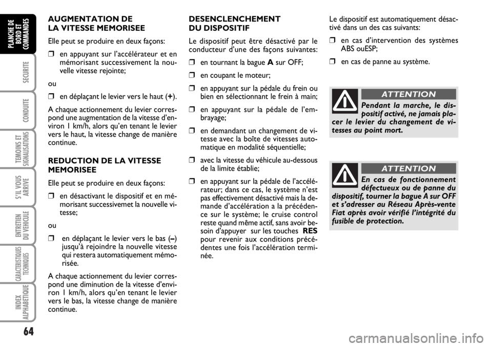 FIAT DUCATO 2006 Notice dentretien (in French) 64
SECURITE
CONDUITE
TEMOINS ETSIGNALISATIONS
S’IL VOUS
ARRIVE
ENTRETIEN
DU VEHICULE
CARACTERISTIQUES
TECHNIQUES
INDEX
ALPHABETIQUE
PLANCHE DE
BORD ET
COMMANDES
AUGMENTATION DE
LA VITESSE MEMORISEE FIAT DUCATO 2006 Notice dentretien (in French) 64
SECURITE
CONDUITE
TEMOINS ETSIGNALISATIONS
S’IL VOUS
ARRIVE
ENTRETIEN
DU VEHICULE
CARACTERISTIQUES
TECHNIQUES
INDEX
ALPHABETIQUE
PLANCHE DE
BORD ET
COMMANDES
AUGMENTATION DE
LA VITESSE MEMORISEE
