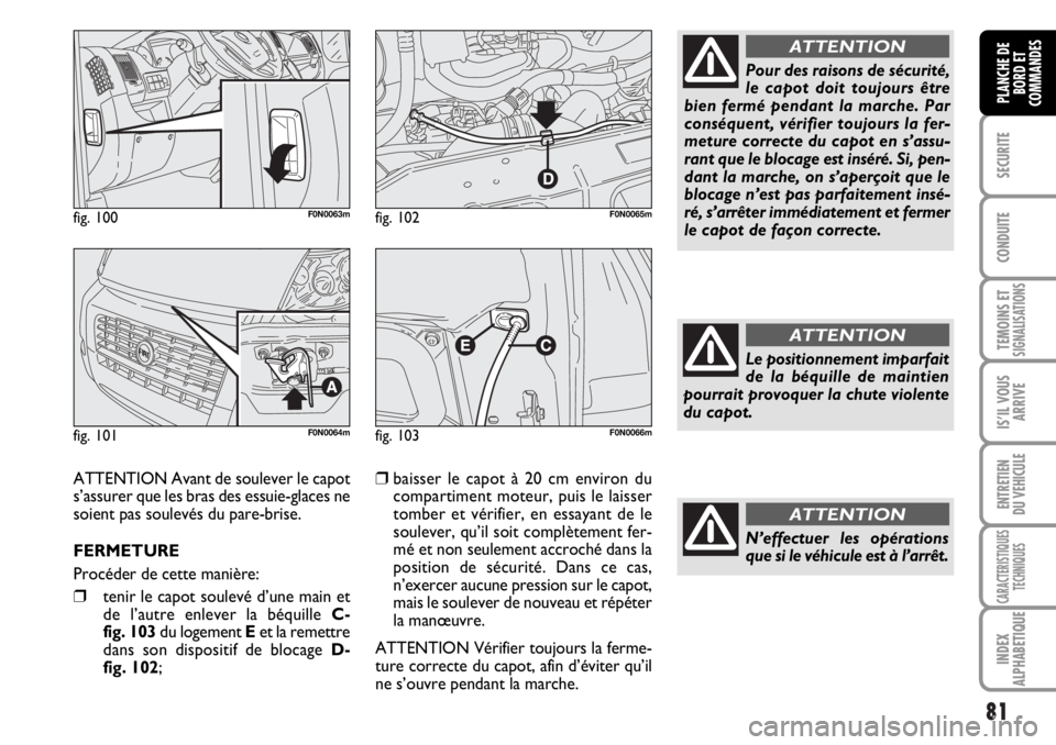 FIAT DUCATO 2006  Notice dentretien (in French) 81
SECURITE
CONDUITE
TEMOINS ETSIGNALISATIONS
IS’IL VOUS
ARRIVE
ENTRETIEN
DU VEHICULE
CARACTERISTIQUES
TECHNIQUES
INDEX
ALPHABETIQUE
PLANCHE DE
BORD ET
COMMANDES
fig. 100F0N0063m
fig. 101F0N0064m
fi