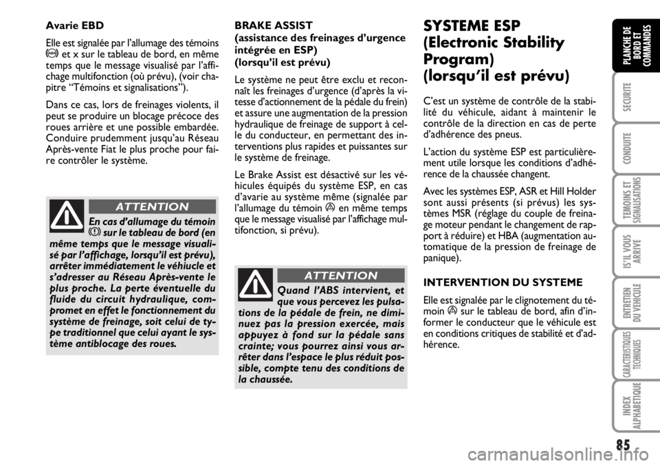 FIAT DUCATO 2006  Notice dentretien (in French) 85
SECURITE
CONDUITE
TEMOINS ETSIGNALISATIONS
IS’IL VOUS
ARRIVE
ENTRETIEN
DU VEHICULE
CARACTERISTIQUES
TECHNIQUES
INDEX
ALPHABETIQUE
PLANCHE DE
BORD ET
COMMANDES
BRAKE ASSIST 
(assistance des freina