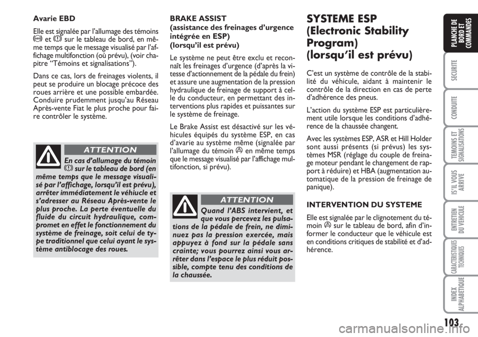 FIAT DUCATO 2007  Notice dentretien (in French) 103
SECURITE
CONDUITE
TEMOINS ETSIGNALISATIONS
IS’IL VOUS
ARRIVE
ENTRETIEN
DU VEHICULE
CARACTERISTIQUES
TECHNIQUES
INDEX
ALPHABETIQUE
PLANCHE DE
BORD ET
COMMANDES
BRAKE ASSIST 
(assistance des frein