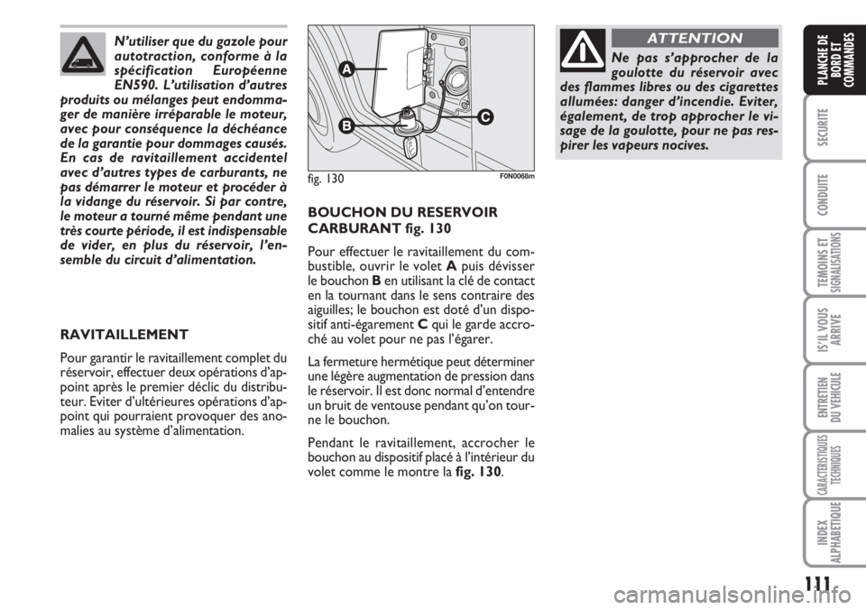 FIAT DUCATO 2007 Notice dentretien (in French) 111
SECURITE
CONDUITE
TEMOINS ETSIGNALISATIONS
IS’IL VOUS
ARRIVE
ENTRETIEN
DU VEHICULE
CARACTERISTIQUES
TECHNIQUES
INDEX
ALPHABETIQUE
PLANCHE DE
BORD ET
COMMANDES
BOUCHON DU RESERVOIR
CARBURANT fig. FIAT DUCATO 2007 Notice dentretien (in French) 111
SECURITE
CONDUITE
TEMOINS ETSIGNALISATIONS
IS’IL VOUS
ARRIVE
ENTRETIEN
DU VEHICULE
CARACTERISTIQUES
TECHNIQUES
INDEX
ALPHABETIQUE
PLANCHE DE
BORD ET
COMMANDES
BOUCHON DU RESERVOIR
CARBURANT fig.
