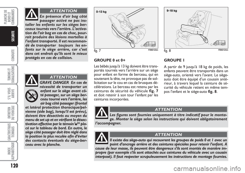 FIAT DUCATO 2007  Notice dentretien (in French) 120
CONDUITE
TEMOINS ET
SIGNALISATIONS
S’IL VOUS
ARRIVE
ENTRETIEN
DU VEHICULE
CARACTERISTIQUES
TECHNIQUES
INDEX
ALPHABETIQUE
PLANCHE DE
BORD ET
COMMANDES
SECURITE
GROUPE 0 et 0+
Les bébés jusqu’