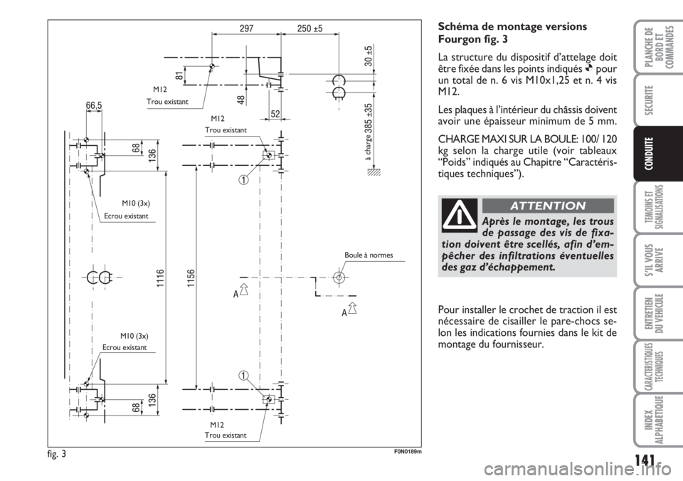 FIAT DUCATO 2007  Notice dentretien (in French) 141
TEMOINS ET
SIGNALISATIONS
S’IL VOUS
ARRIVE
ENTRETIEN
DU VEHICULE
CARACTERISTIQUES
TECHNIQUES
INDEX
ALPHABETIQUE
PLANCHE DE
BORD ET
COMMANDES
SECURITE
CONDUITE
Schéma de montage versions
Fourgon