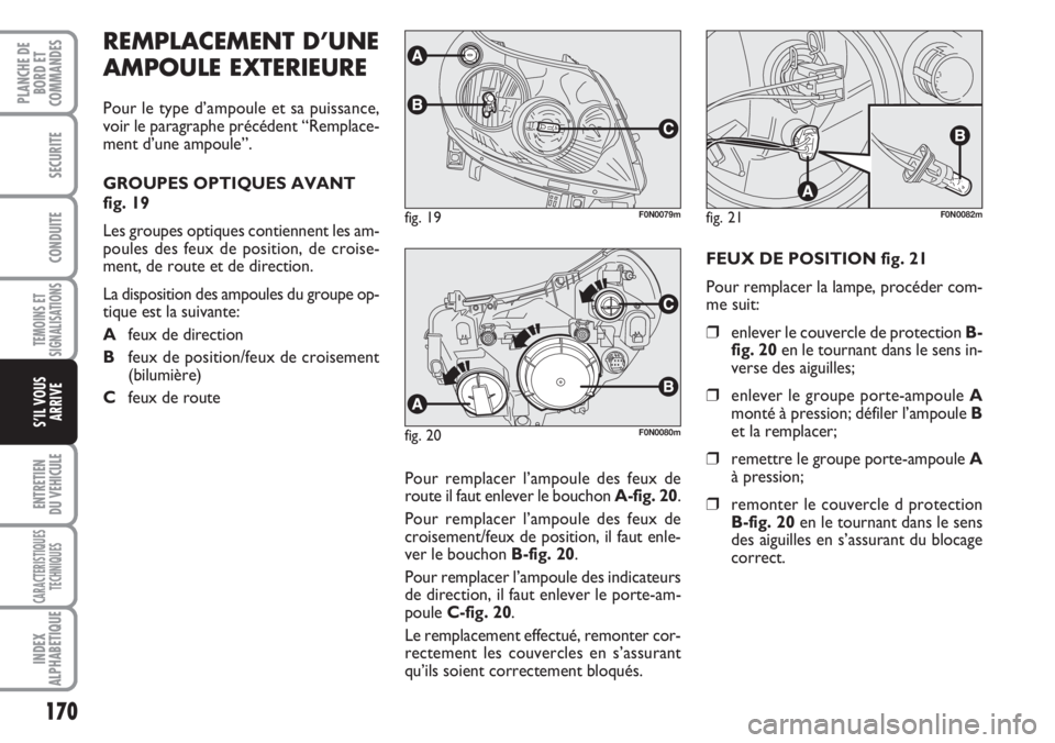 FIAT DUCATO 2007  Notice dentretien (in French) 170
TEMOINS ET
SIGNALISATIONS
ENTRETIEN
DU VEHICULE
CARACTERISTIQUES
TECHNIQUES
INDEX
ALPHABETIQUE
PLANCHE DE
BORD ET
COMMANDES
SECURITE
CONDUITE
S’IL VOUS
ARRIVE
REMPLACEMENT D’UNE
AMPOULE EXTERI