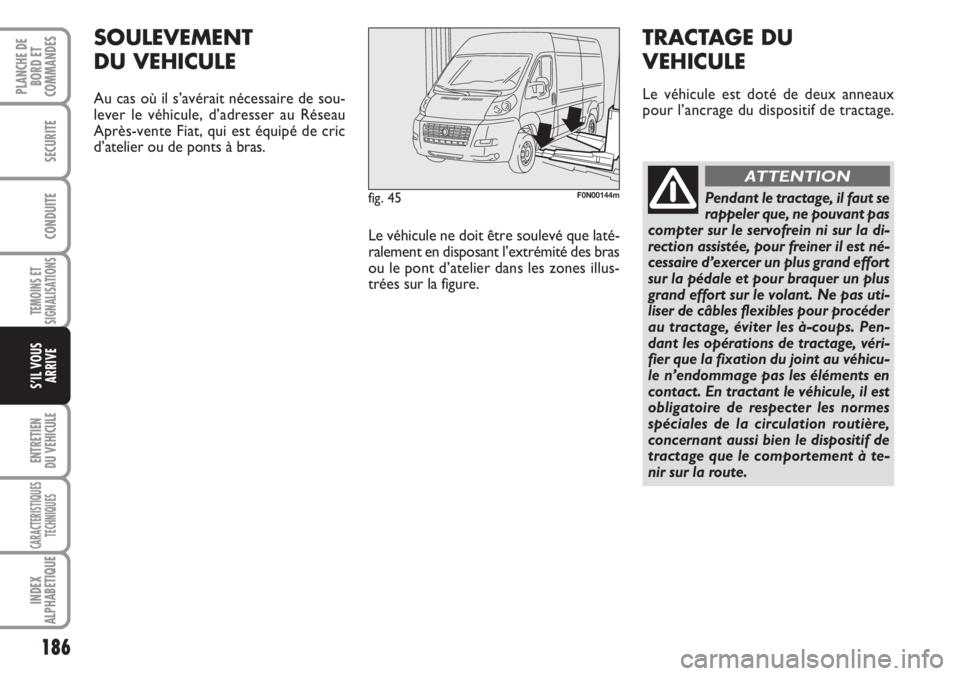 FIAT DUCATO 2007  Notice dentretien (in French) 186
TEMOINS ET
SIGNALISATIONS
ENTRETIEN
DU VEHICULE
CARACTERISTIQUES
TECHNIQUES
INDEX
ALPHABETIQUE
PLANCHE DE
BORD ET
COMMANDES
SECURITE
CONDUITE
S’IL VOUS
ARRIVE
fig. 45F0N00144m
SOULEVEMENT
DU VEH