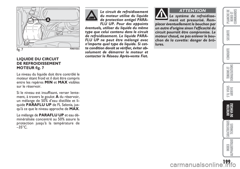 FIAT DUCATO 2007  Notice dentretien (in French) 199
TEMOINS ET
SIGNALISATIONS
CARACTERISTIQUES
TECHNIQUES
INDEX
ALPHABETIQUE
PLANCHE DE
BORD ET
COMMANDES
SECURITE
CONDUITE
S’IL VOUS
ARRIVE
ENTRETIEN
DU VEHICULE
LIQUIDE DU CIRCUIT 
DE REFROIDISSEM