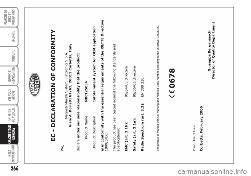 FIAT DUCATO 2007 Notice dentretien (in French) 266
TEMOINS ET
SIGNALISATIONS
INDEX
ALPHABETIQUE
PLANCHE DE
BORD ET
COMMANDES
SECURITE
CONDUITE
S’IL VOUS
ARRIVE
ENTRETIEN
DU VEHICULE
CARACTERISTIQUES
TECHNIQUES FIAT DUCATO 2007 Notice dentretien (in French) 266
TEMOINS ET
SIGNALISATIONS
INDEX
ALPHABETIQUE
PLANCHE DE
BORD ET
COMMANDES
SECURITE
CONDUITE
S’IL VOUS
ARRIVE
ENTRETIEN
DU VEHICULE
CARACTERISTIQUES
TECHNIQUES