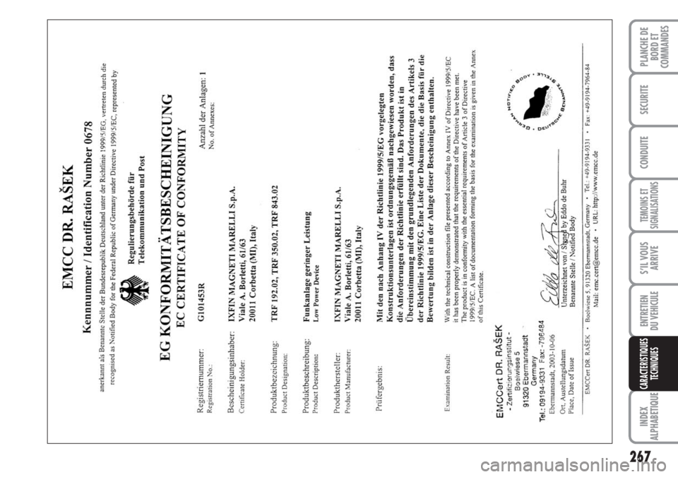 FIAT DUCATO 2007 Notice dentretien (in French) 267
TEMOINS ET
SIGNALISATIONS
INDEX
ALPHABETIQUE
PLANCHE DE
BORD ET
COMMANDES
SECURITE
CONDUITE
S’IL VOUS
ARRIVE
ENTRETIEN
DU VEHICULE
CARACTERISTIQUES
TECHNIQUES FIAT DUCATO 2007 Notice dentretien (in French) 267
TEMOINS ET
SIGNALISATIONS
INDEX
ALPHABETIQUE
PLANCHE DE
BORD ET
COMMANDES
SECURITE
CONDUITE
S’IL VOUS
ARRIVE
ENTRETIEN
DU VEHICULE
CARACTERISTIQUES
TECHNIQUES