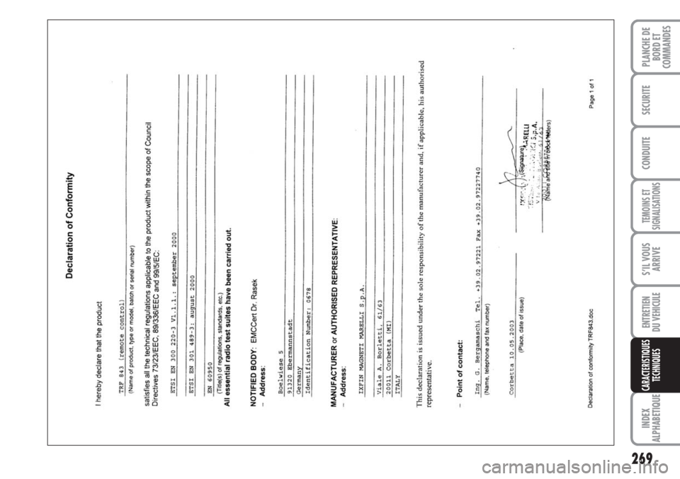 FIAT DUCATO 2007 Notice dentretien (in French) 269
TEMOINS ET
SIGNALISATIONS
INDEX
ALPHABETIQUE
PLANCHE DE
BORD ET
COMMANDES
SECURITE
CONDUITE
S’IL VOUS
ARRIVE
ENTRETIEN
DU VEHICULE
CARACTERISTIQUES
TECHNIQUES FIAT DUCATO 2007 Notice dentretien (in French) 269
TEMOINS ET
SIGNALISATIONS
INDEX
ALPHABETIQUE
PLANCHE DE
BORD ET
COMMANDES
SECURITE
CONDUITE
S’IL VOUS
ARRIVE
ENTRETIEN
DU VEHICULE
CARACTERISTIQUES
TECHNIQUES