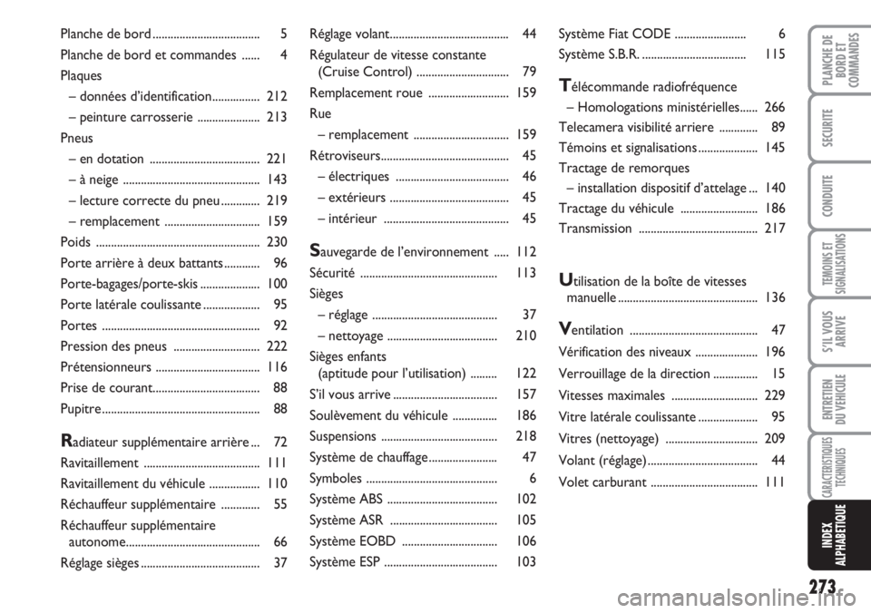 FIAT DUCATO 2007  Notice dentretien (in French) 273
TEMOINS ET
SIGNALISATIONS
PLANCHE DE
BORD ET
COMMANDES
SECURITE
CONDUITE
S’IL VOUS
ARRIVE
ENTRETIEN
DU VEHICULE
CARACTERISTIQUES
TECHNIQUES
INDEX
ALPHABETIQUE
Réglage volant....................
