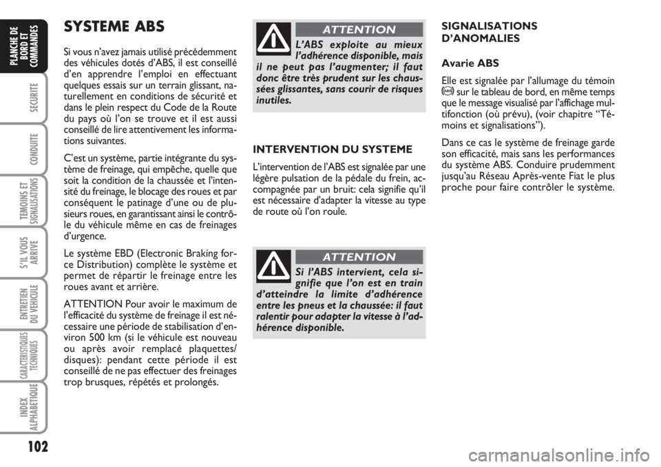 FIAT DUCATO 2008 Notice dentretien (in French) 102
SECURITE
CONDUITE
TEMOINS ETSIGNALISATIONS
S’IL VOUS
ARRIVE
ENTRETIEN
DU VEHICULE
CARACTERISTIQUES
TECHNIQUES
INDEX
ALPHABETIQUE
PLANCHE DE
BORD ET
COMMANDES
INTERVENTION DU SYSTEME
L’interve FIAT DUCATO 2008 Notice dentretien (in French) 102
SECURITE
CONDUITE
TEMOINS ETSIGNALISATIONS
S’IL VOUS
ARRIVE
ENTRETIEN
DU VEHICULE
CARACTERISTIQUES
TECHNIQUES
INDEX
ALPHABETIQUE
PLANCHE DE
BORD ET
COMMANDES
INTERVENTION DU SYSTEME
L’interve