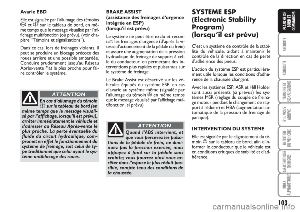 FIAT DUCATO 2008 Notice dentretien (in French) 103
SECURITE
CONDUITE
TEMOINS ETSIGNALISATIONS
IS’IL VOUS
ARRIVE
ENTRETIEN
DU VEHICULE
CARACTERISTIQUES
TECHNIQUES
INDEX
ALPHABETIQUE
PLANCHE DE
BORD ET
COMMANDES
BRAKE ASSIST
(assistance des frei FIAT DUCATO 2008 Notice dentretien (in French) 103
SECURITE
CONDUITE
TEMOINS ETSIGNALISATIONS
IS’IL VOUS
ARRIVE
ENTRETIEN
DU VEHICULE
CARACTERISTIQUES
TECHNIQUES
INDEX
ALPHABETIQUE
PLANCHE DE
BORD ET
COMMANDES
BRAKE ASSIST
(assistance des frei