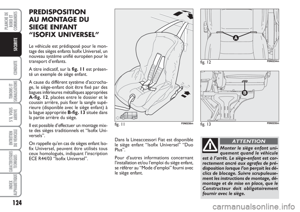 FIAT DUCATO 2008 Notice dentretien (in French) 124
CONDUITE
TEMOINS ET
SIGNALISATIONS
S’IL VOUS
ARRIVE
ENTRETIEN
DU VEHICULE
CARACTERISTIQUES
TECHNIQUES
INDEX
ALPHABETIQUE
PLANCHE DE
BORD ET
COMMANDES
SECURITE
Dans la Lineaccessori Fiat est dis FIAT DUCATO 2008 Notice dentretien (in French) 124
CONDUITE
TEMOINS ET
SIGNALISATIONS
S’IL VOUS
ARRIVE
ENTRETIEN
DU VEHICULE
CARACTERISTIQUES
TECHNIQUES
INDEX
ALPHABETIQUE
PLANCHE DE
BORD ET
COMMANDES
SECURITE
Dans la Lineaccessori Fiat est dis