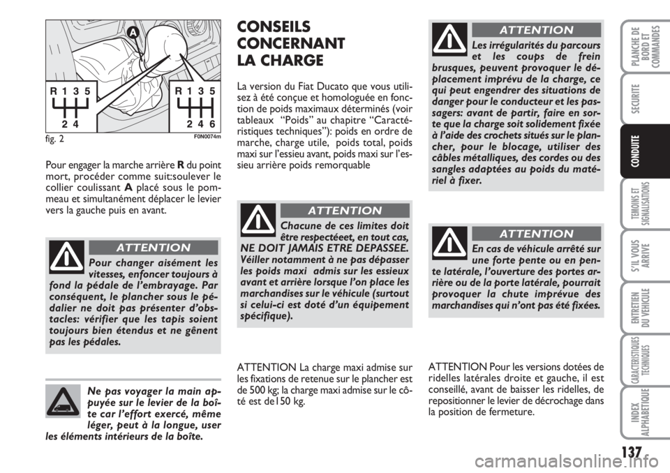 FIAT DUCATO 2008 Notice dentretien (in French) 137
TEMOINS ET
SIGNALISATIONS
S’IL VOUS
ARRIVE
ENTRETIEN
DU VEHICULE
CARACTERISTIQUES
TECHNIQUES
INDEX
ALPHABETIQUE
PLANCHE DE
BORD ET
COMMANDES
SECURITE
CONDUITE
fig. 2F0N0074m
Pour changer aisém FIAT DUCATO 2008 Notice dentretien (in French) 137
TEMOINS ET
SIGNALISATIONS
S’IL VOUS
ARRIVE
ENTRETIEN
DU VEHICULE
CARACTERISTIQUES
TECHNIQUES
INDEX
ALPHABETIQUE
PLANCHE DE
BORD ET
COMMANDES
SECURITE
CONDUITE
fig. 2F0N0074m
Pour changer aisém
