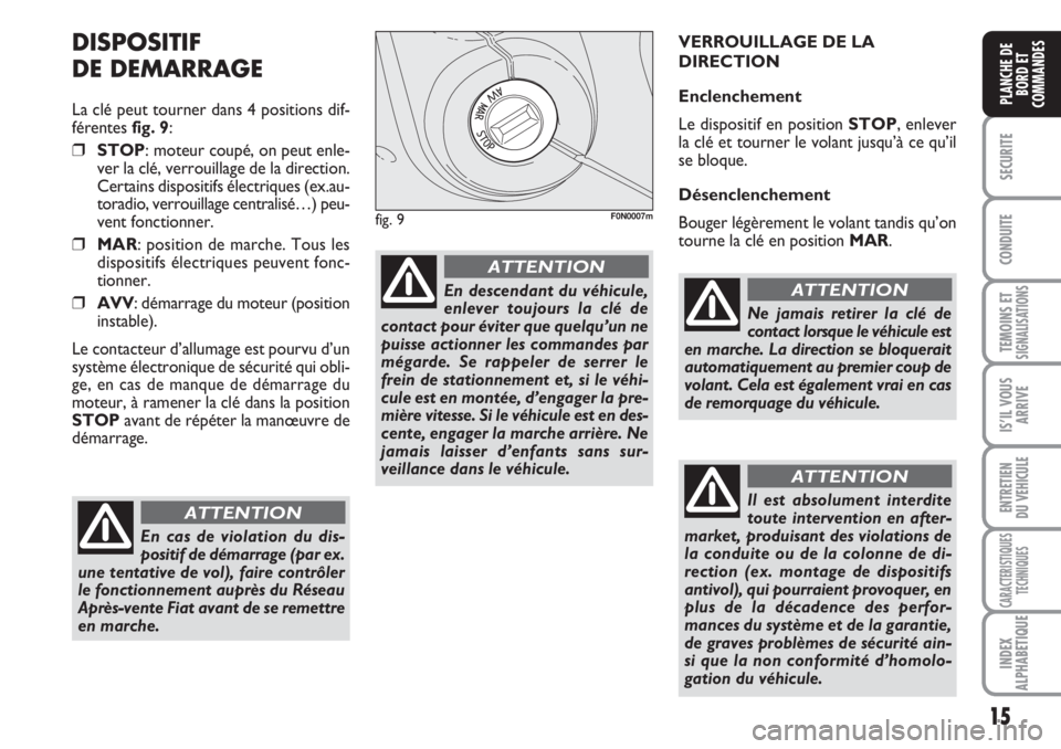 FIAT DUCATO 2008  Notice dentretien (in French) 15
SECURITE
CONDUITE
TEMOINS ETSIGNALISATIONS
IS’IL VOUS
ARRIVE
ENTRETIEN 
DU VEHICULE
CARACTERISTIQUES
TECHNIQUES
INDEX
ALPHABETIQUE
PLANCHE DE
BORD ET
COMMANDES
DISPOSITIF 
DE DEMARRAGE
La clé pe
