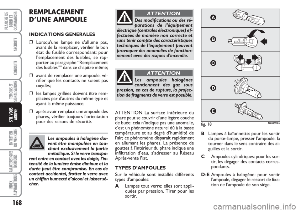 FIAT DUCATO 2008 Notice dentretien (in French) 168
TEMOINS ET
SIGNALISATIONS
ENTRETIEN
DU VEHICULE
CARACTERISTIQUES
TECHNIQUES
INDEX
ALPHABETIQUE
PLANCHE DE
BORD ET
COMMANDES
SECURITE
CONDUITE
S’IL VOUS
ARRIVE
REMPLACEMENT
D’UNE AMPOULE
INDI FIAT DUCATO 2008 Notice dentretien (in French) 168
TEMOINS ET
SIGNALISATIONS
ENTRETIEN
DU VEHICULE
CARACTERISTIQUES
TECHNIQUES
INDEX
ALPHABETIQUE
PLANCHE DE
BORD ET
COMMANDES
SECURITE
CONDUITE
S’IL VOUS
ARRIVE
REMPLACEMENT
D’UNE AMPOULE
INDI
