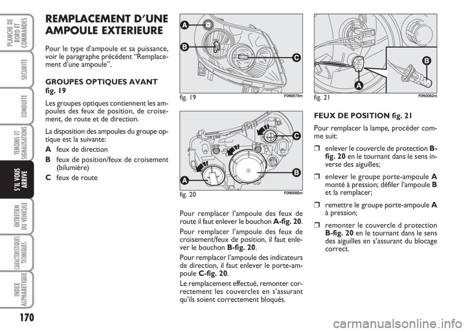 FIAT DUCATO 2008 Notice dentretien (in French) 170
TEMOINS ET
SIGNALISATIONS
ENTRETIEN
DU VEHICULE
CARACTERISTIQUES
TECHNIQUES
INDEX
ALPHABETIQUE
PLANCHE DE
BORD ET
COMMANDES
SECURITE
CONDUITE
S’IL VOUS
ARRIVE
REMPLACEMENT D’UNE
AMPOULE EXTER FIAT DUCATO 2008 Notice dentretien (in French) 170
TEMOINS ET
SIGNALISATIONS
ENTRETIEN
DU VEHICULE
CARACTERISTIQUES
TECHNIQUES
INDEX
ALPHABETIQUE
PLANCHE DE
BORD ET
COMMANDES
SECURITE
CONDUITE
S’IL VOUS
ARRIVE
REMPLACEMENT D’UNE
AMPOULE EXTER