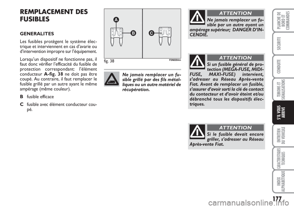 FIAT DUCATO 2008 Notice dentretien (in French) 177
TEMOINS ET
SIGNALISATIONS
ENTRETIEN
DU VEHICULE
CARACTERISTIQUES
TECHNIQUES
INDEX
ALPHABETIQUE
PLANCHE DE
BORD ET
COMMANDES
SECURITE
CONDUITE
S’IL VOUS
ARRIVE
REMPLACEMENT DES
FUSIBLES
GENERAL FIAT DUCATO 2008 Notice dentretien (in French) 177
TEMOINS ET
SIGNALISATIONS
ENTRETIEN
DU VEHICULE
CARACTERISTIQUES
TECHNIQUES
INDEX
ALPHABETIQUE
PLANCHE DE
BORD ET
COMMANDES
SECURITE
CONDUITE
S’IL VOUS
ARRIVE
REMPLACEMENT DES
FUSIBLES
GENERAL
