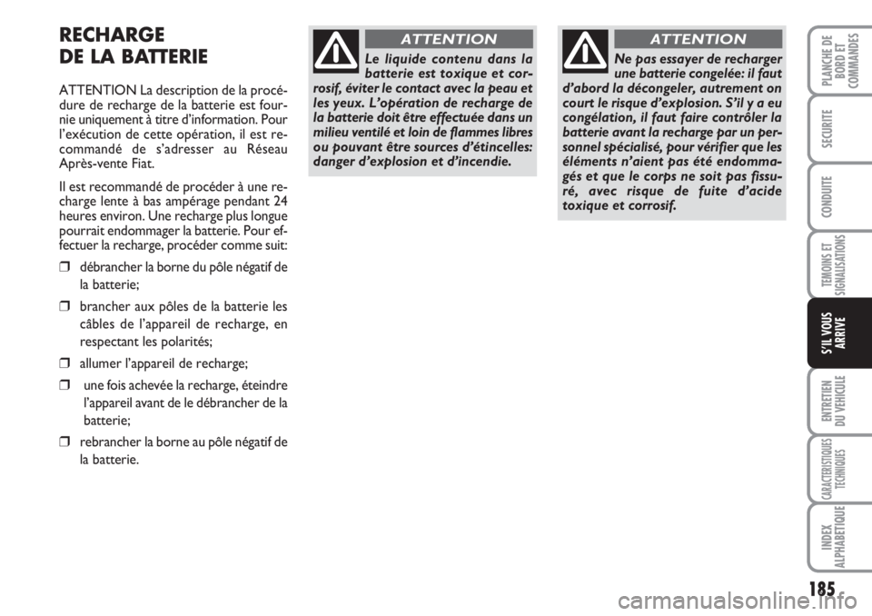 FIAT DUCATO 2008 Notice dentretien (in French) 185
TEMOINS ET
SIGNALISATIONS
ENTRETIEN
DU VEHICULE
CARACTERISTIQUES
TECHNIQUES
INDEX
ALPHABETIQUE
PLANCHE DE
BORD ET
COMMANDES
SECURITE
CONDUITE
S’IL VOUS
ARRIVE
RECHARGE
DE LA BATTERIE
ATTENTIO FIAT DUCATO 2008 Notice dentretien (in French) 185
TEMOINS ET
SIGNALISATIONS
ENTRETIEN
DU VEHICULE
CARACTERISTIQUES
TECHNIQUES
INDEX
ALPHABETIQUE
PLANCHE DE
BORD ET
COMMANDES
SECURITE
CONDUITE
S’IL VOUS
ARRIVE
RECHARGE
DE LA BATTERIE
ATTENTIO