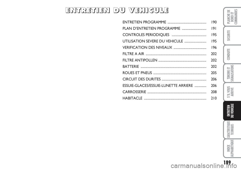 FIAT DUCATO 2008 Notice dentretien (in French) 189
TEMOINS ET
SIGNALISATIONS
CARACTERISTIQUES
TECHNIQUES
INDEX
ALPHABETIQUE
PLANCHE DE
BORD ET
COMMANDES
SECURITE
CONDUITE
S’IL VOUS
ARRIVE
ENTRETIEN
DU VEHICULE
ENTRETIEN PROGRAMME .............. FIAT DUCATO 2008 Notice dentretien (in French) 189
TEMOINS ET
SIGNALISATIONS
CARACTERISTIQUES
TECHNIQUES
INDEX
ALPHABETIQUE
PLANCHE DE
BORD ET
COMMANDES
SECURITE
CONDUITE
S’IL VOUS
ARRIVE
ENTRETIEN
DU VEHICULE
ENTRETIEN PROGRAMME ..............
