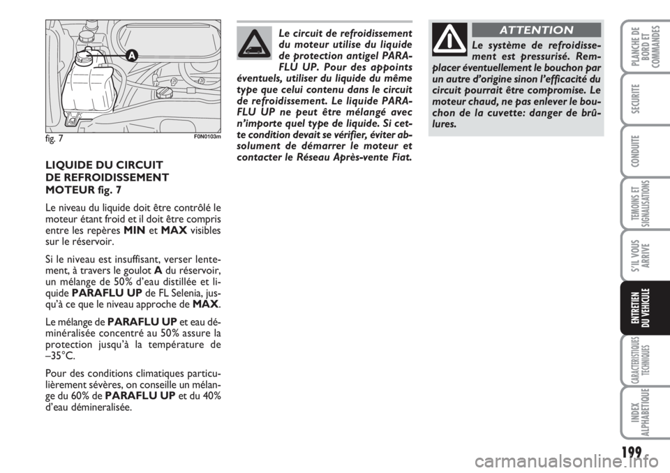 FIAT DUCATO 2008 Notice dentretien (in French) 199
TEMOINS ET
SIGNALISATIONS
CARACTERISTIQUES
TECHNIQUES
INDEX
ALPHABETIQUE
PLANCHE DE
BORD ET
COMMANDES
SECURITE
CONDUITE
S’IL VOUS
ARRIVE
ENTRETIEN
DU VEHICULE
LIQUIDE DU CIRCUIT
DE REFROIDISSE FIAT DUCATO 2008 Notice dentretien (in French) 199
TEMOINS ET
SIGNALISATIONS
CARACTERISTIQUES
TECHNIQUES
INDEX
ALPHABETIQUE
PLANCHE DE
BORD ET
COMMANDES
SECURITE
CONDUITE
S’IL VOUS
ARRIVE
ENTRETIEN
DU VEHICULE
LIQUIDE DU CIRCUIT
DE REFROIDISSE