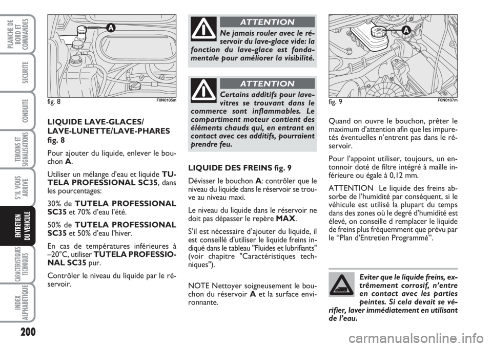 FIAT DUCATO 2008 Notice dentretien (in French) Eviter que le liquide freins, ex-
trêmement corrosif, n’entre
en contact avec les parties
peintes. Si cela devait se vé-
rifier, laver immédiatement en utilisant
de l’eau.
200
TEMOINS ET
SIGNAL FIAT DUCATO 2008 Notice dentretien (in French) Eviter que le liquide freins, ex-
trêmement corrosif, n’entre
en contact avec les parties
peintes. Si cela devait se vé-
rifier, laver immédiatement en utilisant
de l’eau.
200
TEMOINS ET
SIGNAL