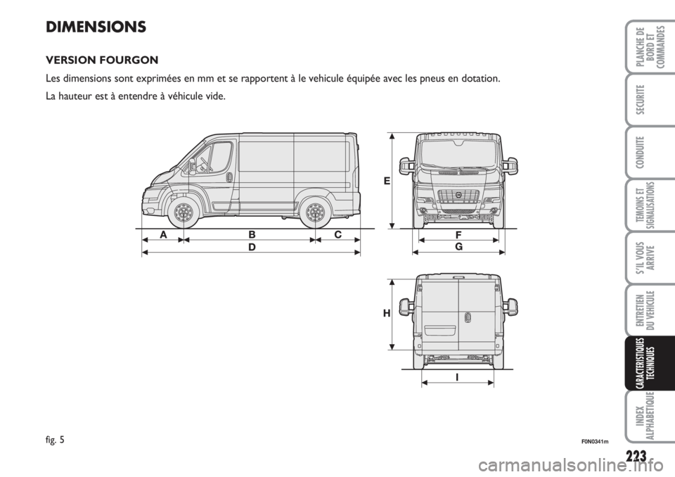 FIAT DUCATO 2008 Notice dentretien (in French) 223
TEMOINS ET
SIGNALISATIONS
INDEX
ALPHABETIQUE
PLANCHE DE
BORD ET
COMMANDES
SECURITE
CONDUITE
S’IL VOUS
ARRIVE
ENTRETIEN
DU VEHICULE
CARACTERISTIQUES
TECHNIQUES
DIMENSIONS
VERSION FOURGON
Les dim FIAT DUCATO 2008 Notice dentretien (in French) 223
TEMOINS ET
SIGNALISATIONS
INDEX
ALPHABETIQUE
PLANCHE DE
BORD ET
COMMANDES
SECURITE
CONDUITE
S’IL VOUS
ARRIVE
ENTRETIEN
DU VEHICULE
CARACTERISTIQUES
TECHNIQUES
DIMENSIONS
VERSION FOURGON
Les dim
