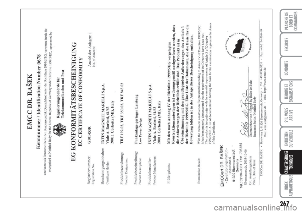 FIAT DUCATO 2008 Notice dentretien (in French) 267
TEMOINS ET
SIGNALISATIONS
INDEX
ALPHABETIQUE
PLANCHE DE
BORD ET
COMMANDES
SECURITE
CONDUITE
S’IL VOUS
ARRIVE
ENTRETIEN
DU VEHICULE
CARACTERISTIQUES
TECHNIQUES FIAT DUCATO 2008 Notice dentretien (in French) 267
TEMOINS ET
SIGNALISATIONS
INDEX
ALPHABETIQUE
PLANCHE DE
BORD ET
COMMANDES
SECURITE
CONDUITE
S’IL VOUS
ARRIVE
ENTRETIEN
DU VEHICULE
CARACTERISTIQUES
TECHNIQUES