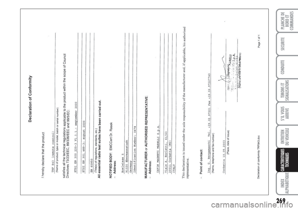 FIAT DUCATO 2008  Notice dentretien (in French) 269
TEMOINS ET
SIGNALISATIONS
INDEX
ALPHABETIQUE
PLANCHE DE
BORD ET
COMMANDES
SECURITE
CONDUITE
S’IL VOUS
ARRIVE
ENTRETIEN 
DU VEHICULE
CARACTERISTIQUES
TECHNIQUES 