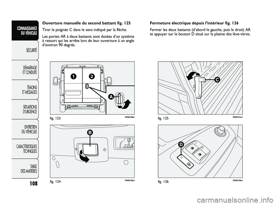 FIAT DUCATO 2009  Notice dentretien (in French) 108
SICUREZZA
AVVIAMENTO
E GUIDA
SPIE E
MESSAGGI
IN EMERGENZA
MANUTENZIONE
E CURA
DATI TECNICI
INDICE
F0N0130mfig. 124
F0N0129mfig. 123
F0N0132mfig. 126
F0N0131mfig. 125
Fermeture électrique depuis l