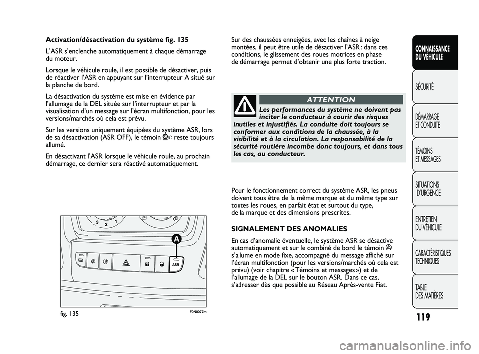 FIAT DUCATO 2009 Notice dentretien (in French) 119
SICUREZZA
AVVIAMENTO
E GUIDA
SPIE E
MESSAGGI
IN EMERGENZA
MANUTENZIONE
E CURA
DATI TECNICI
INDICE
Pour le fonctionnement correct du système ASR, les pneus
doivent tous être de la même marque et FIAT DUCATO 2009 Notice dentretien (in French) 119
SICUREZZA
AVVIAMENTO
E GUIDA
SPIE E
MESSAGGI
IN EMERGENZA
MANUTENZIONE
E CURA
DATI TECNICI
INDICE
Pour le fonctionnement correct du système ASR, les pneus
doivent tous être de la même marque et