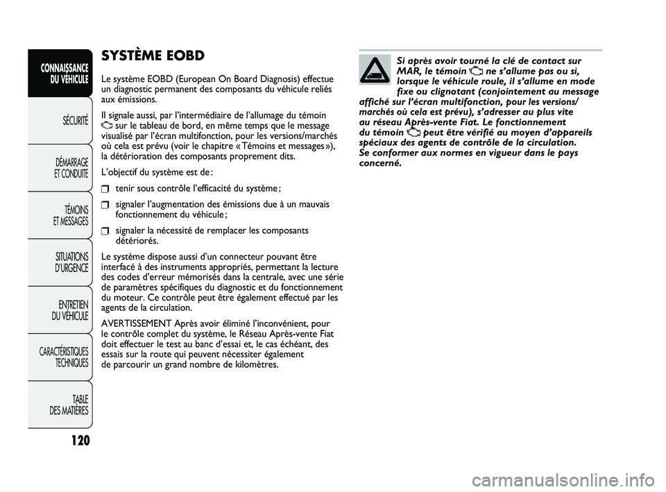 FIAT DUCATO 2009 Notice dentretien (in French) 120
SICUREZZA
AVVIAMENTO
E GUIDA
SPIE E
MESSAGGI
IN EMERGENZA
MANUTENZIONE
E CURA
DATI TECNICI
INDICE
SYSTÈME EOBD
Le système EOBD (European On Board Diagnosis) effectue
un diagnostic permanent des FIAT DUCATO 2009 Notice dentretien (in French) 120
SICUREZZA
AVVIAMENTO
E GUIDA
SPIE E
MESSAGGI
IN EMERGENZA
MANUTENZIONE
E CURA
DATI TECNICI
INDICE
SYSTÈME EOBD
Le système EOBD (European On Board Diagnosis) effectue
un diagnostic permanent des