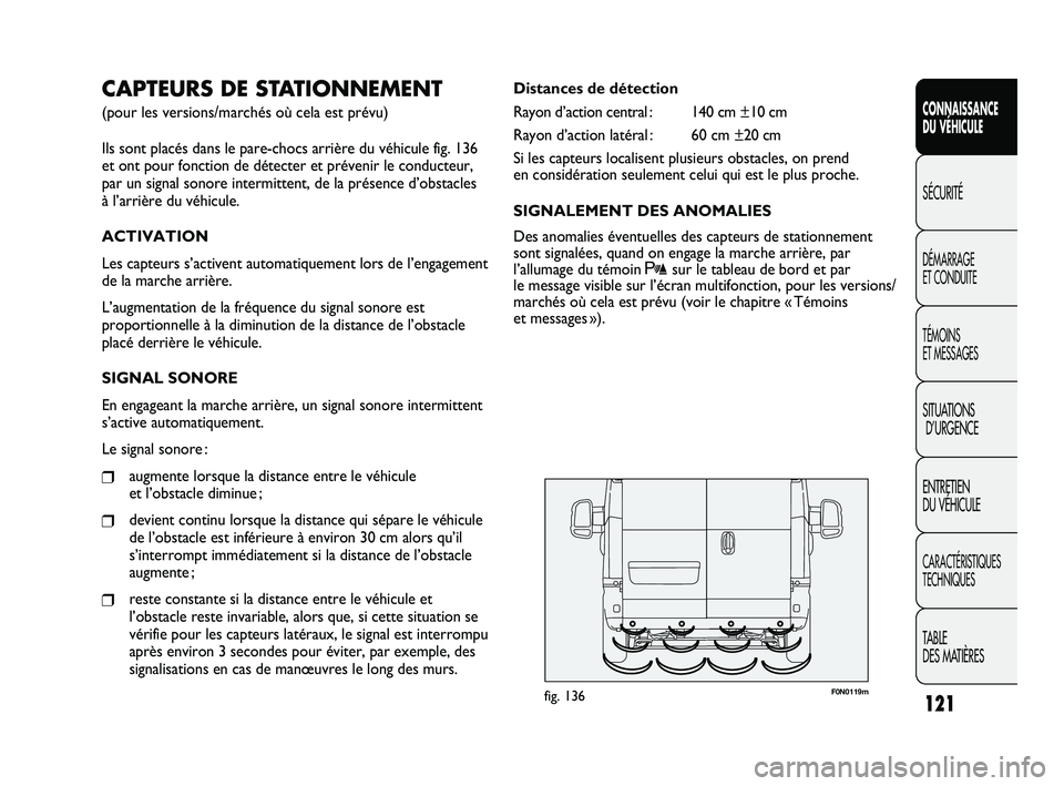 FIAT DUCATO 2009 Notice dentretien (in French) 121
SICUREZZA
AVVIAMENTO
E GUIDA
SPIE E
MESSAGGI
IN EMERGENZA
MANUTENZIONE
E CURA
DATI TECNICI
INDICE
F0N0119mfig. 136
Distances de détection
Rayon d’action central : 140 cm ±10 cm
Rayon d’actio FIAT DUCATO 2009 Notice dentretien (in French) 121
SICUREZZA
AVVIAMENTO
E GUIDA
SPIE E
MESSAGGI
IN EMERGENZA
MANUTENZIONE
E CURA
DATI TECNICI
INDICE
F0N0119mfig. 136
Distances de détection
Rayon d’action central : 140 cm ±10 cm
Rayon d’actio