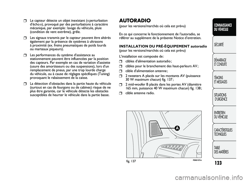 FIAT DUCATO 2009 Notice dentretien (in French) 123
SICUREZZA
AVVIAMENTO
E GUIDA
SPIE E
MESSAGGI
IN EMERGENZA
MANUTENZIONE
E CURA
DATI TECNICI
INDICE
F0N0157mfig. 137
AUTORADIO
(pour les versions/marchés où cela est prévu)
En ce qui concerne le FIAT DUCATO 2009 Notice dentretien (in French) 123
SICUREZZA
AVVIAMENTO
E GUIDA
SPIE E
MESSAGGI
IN EMERGENZA
MANUTENZIONE
E CURA
DATI TECNICI
INDICE
F0N0157mfig. 137
AUTORADIO
(pour les versions/marchés où cela est prévu)
En ce qui concerne le