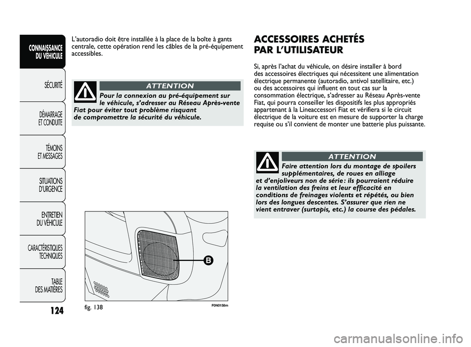 FIAT DUCATO 2009 Notice dentretien (in French) 124
SICUREZZA
AVVIAMENTO
E GUIDA
SPIE E
MESSAGGI
IN EMERGENZA
MANUTENZIONE
E CURA
DATI TECNICI
INDICE
F0N0158mfig. 138
ACCESSOIRES ACHETÉS
PAR L’UTILISATEUR
Si, après l’achat du véhicule, on d FIAT DUCATO 2009 Notice dentretien (in French) 124
SICUREZZA
AVVIAMENTO
E GUIDA
SPIE E
MESSAGGI
IN EMERGENZA
MANUTENZIONE
E CURA
DATI TECNICI
INDICE
F0N0158mfig. 138
ACCESSOIRES ACHETÉS
PAR L’UTILISATEUR
Si, après l’achat du véhicule, on d