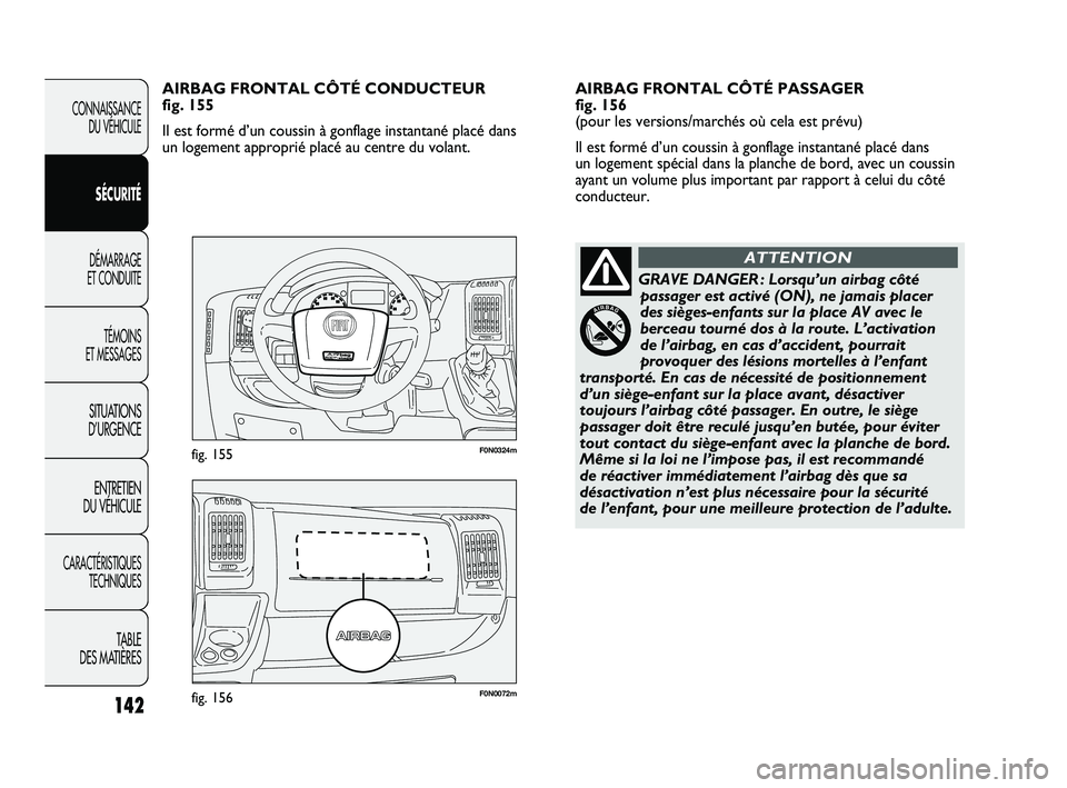 FIAT DUCATO 2009 Notice dentretien (in French) 142
F0N0072mfig. 156
F0N0324mfig. 155
AIRBAG FRONTAL CÔTÉ PASSAGER
fig. 156
(pour les versions/marchés où cela est prévu)
Il est formé d’un coussin à gonflage instantané placé dans
un log FIAT DUCATO 2009 Notice dentretien (in French) 142
F0N0072mfig. 156
F0N0324mfig. 155
AIRBAG FRONTAL CÔTÉ PASSAGER
fig. 156
(pour les versions/marchés où cela est prévu)
Il est formé d’un coussin à gonflage instantané placé dans
un log