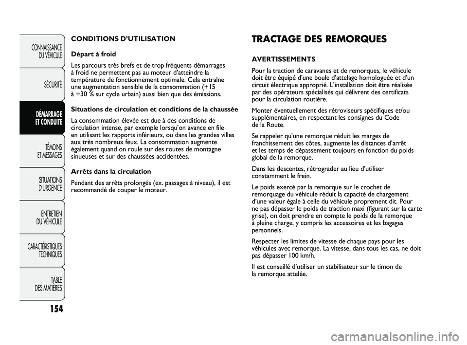 FIAT DUCATO 2009 Notice dentretien (in French) 154
TRACTAGE DES REMORQUES
AVERTISSEMENTS
Pour la traction de caravanes et de remorques, le véhicule
doit être équipé d’une boule d’attelage homologuée et d’un
circuit électrique appropri FIAT DUCATO 2009 Notice dentretien (in French) 154
TRACTAGE DES REMORQUES
AVERTISSEMENTS
Pour la traction de caravanes et de remorques, le véhicule
doit être équipé d’une boule d’attelage homologuée et d’un
circuit électrique appropri