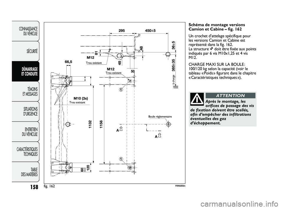FIAT DUCATO 2009 Notice dentretien (in French) 158
CONNAISSANCE
DU VÉHICULE
SÉCURITÉ
DÉMARRAGE
ET CONDUITE
TÉMOINS
ET MESSAGES
SITUATIONS
D’URGENCE
ENTRETIEN
DU VÉHICULE
CARACTÉRISTIQUES
TECHNIQUES
TABLE
DES MATIÈRES
Schéma de monta FIAT DUCATO 2009 Notice dentretien (in French) 158
CONNAISSANCE
DU VÉHICULE
SÉCURITÉ
DÉMARRAGE
ET CONDUITE
TÉMOINS
ET MESSAGES
SITUATIONS
D’URGENCE
ENTRETIEN
DU VÉHICULE
CARACTÉRISTIQUES
TECHNIQUES
TABLE
DES MATIÈRES
Schéma de monta