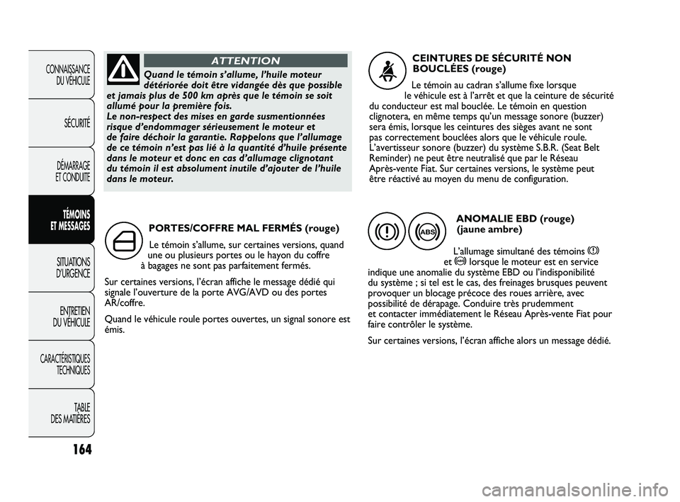 FIAT DUCATO 2009 Notice dentretien (in French) 164
CONNAISSANCE
DU VÉHICULE
SÉCURITÉ
DÉMARRAGE
ET CONDUITE
TÉMOINS
ET MESSAGES
SITUATIONS
D’URGENCE
ENTRETIEN
DU VÉHICULE
CARACTÉRISTIQUES
TECHNIQUES
TABLE
DES MATIÈRES
PORTES/COFFRE MA FIAT DUCATO 2009 Notice dentretien (in French) 164
CONNAISSANCE
DU VÉHICULE
SÉCURITÉ
DÉMARRAGE
ET CONDUITE
TÉMOINS
ET MESSAGES
SITUATIONS
D’URGENCE
ENTRETIEN
DU VÉHICULE
CARACTÉRISTIQUES
TECHNIQUES
TABLE
DES MATIÈRES
PORTES/COFFRE MA