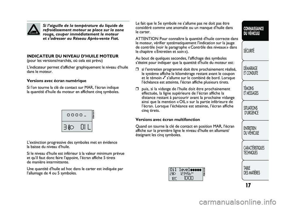 FIAT DUCATO 2010  Notice dentretien (in French) 17
CONNAISSANCE
DU VÉHICULE
SÉCURITÉ
DÉMARRAGE 
ET CONDUITE
TÉMOINS 
ET MESSAGES
SITUATIONS
D’URGENCE
ENTRETIEN 
DU VÉHICULE
CARACTÉRISTIQUES
TECHNIQUES
TABLE 
DES MATIÈRES
Si l’aiguille d