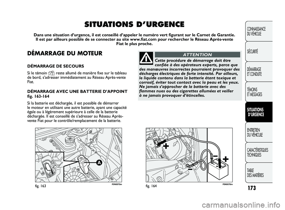 FIAT DUCATO 2009 Notice dentretien (in French) 173
F0N0075mfig. 163F0N0076mfig. 164
CONNAISSANCE
DU VÉHICULE
SÉCURITÉ
DÉMARRAGE
ET CONDUITE
TÉMOINS
ET MESSAGES
SITUATIONS
D’URGENCE
ENTRETIEN
DU VÉHICULE
CARACTÉRISTIQUES
TECHNIQUES
TABL FIAT DUCATO 2009 Notice dentretien (in French) 173
F0N0075mfig. 163F0N0076mfig. 164
CONNAISSANCE
DU VÉHICULE
SÉCURITÉ
DÉMARRAGE
ET CONDUITE
TÉMOINS
ET MESSAGES
SITUATIONS
D’URGENCE
ENTRETIEN
DU VÉHICULE
CARACTÉRISTIQUES
TECHNIQUES
TABL