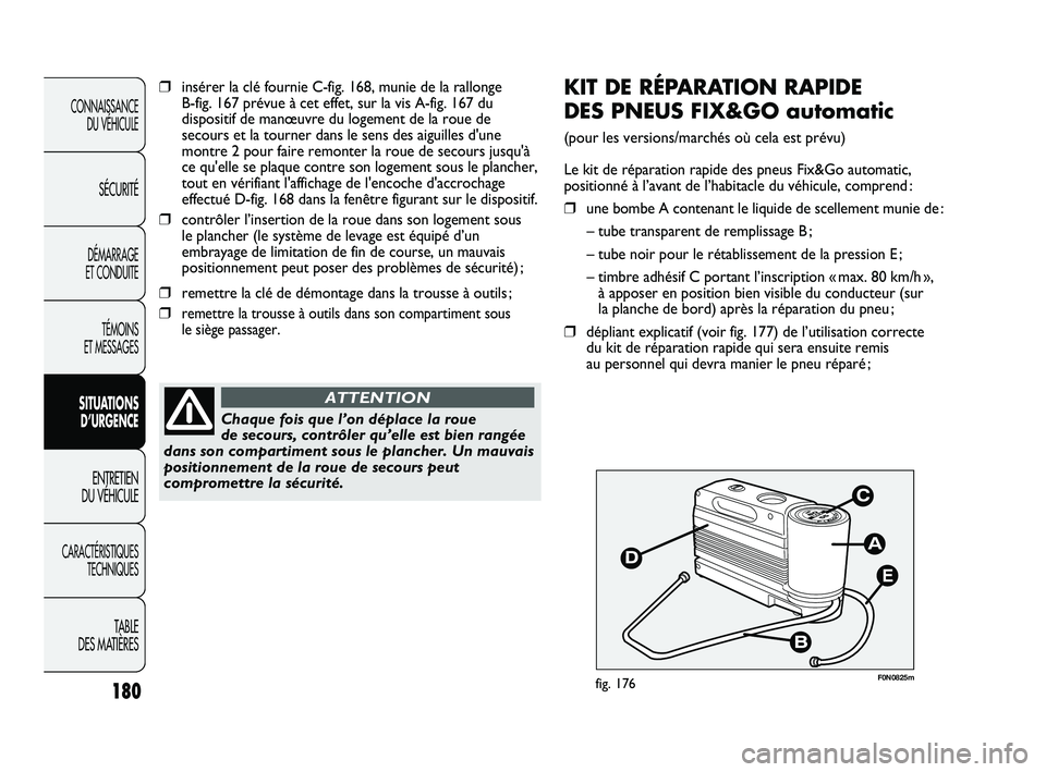 FIAT DUCATO 2009 Notice dentretien (in French) 180
E
F0N0825mfig. 176
KIT DE RÉPARATION RAPIDE
DES PNEUS FIX&GO automatic
(pour les versions/marchés où cela est prévu)
Le kit de réparation rapide des pneus Fix&Go automatic,
positionné à l FIAT DUCATO 2009 Notice dentretien (in French) 180
E
F0N0825mfig. 176
KIT DE RÉPARATION RAPIDE
DES PNEUS FIX&GO automatic
(pour les versions/marchés où cela est prévu)
Le kit de réparation rapide des pneus Fix&Go automatic,
positionné à l