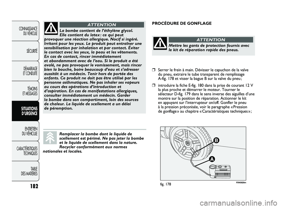 FIAT DUCATO 2009 Notice dentretien (in French) 182
F0N0826mfig. 178
PROCÉDURE DE GONFLAGE
CONNAISSANCE
DU VÉHICULE
SÉCURITÉ
DÉMARRAGE
ET CONDUITE
TÉMOINS
ET MESSAGES
SITUATIONS
D’URGENCE
ENTRETIEN
DU VÉHICULE
CARACTÉRISTIQUES
TECHNIQU FIAT DUCATO 2009 Notice dentretien (in French) 182
F0N0826mfig. 178
PROCÉDURE DE GONFLAGE
CONNAISSANCE
DU VÉHICULE
SÉCURITÉ
DÉMARRAGE
ET CONDUITE
TÉMOINS
ET MESSAGES
SITUATIONS
D’URGENCE
ENTRETIEN
DU VÉHICULE
CARACTÉRISTIQUES
TECHNIQU