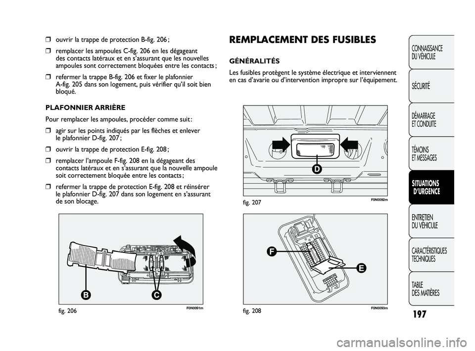 FIAT DUCATO 2009 Notice dentretien (in French) 197
CONNAISSANCE
DU VÉHICULE
SÉCURITÉ
DÉMARRAGE
ET CONDUITE
TÉMOINS
ET MESSAGES
SITUATIONS
D’URGENCE
ENTRETIEN
DU VÉHICULE
CARACTÉRISTIQUES
TECHNIQUES
TABLE
DES MATIÈRES
F0N0091mfig. 206 FIAT DUCATO 2009 Notice dentretien (in French) 197
CONNAISSANCE
DU VÉHICULE
SÉCURITÉ
DÉMARRAGE
ET CONDUITE
TÉMOINS
ET MESSAGES
SITUATIONS
D’URGENCE
ENTRETIEN
DU VÉHICULE
CARACTÉRISTIQUES
TECHNIQUES
TABLE
DES MATIÈRES
F0N0091mfig. 206
