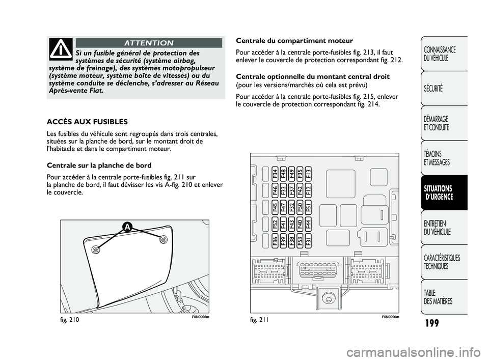 FIAT DUCATO 2009 Notice dentretien (in French) 199
CONNAISSANCE
DU VÉHICULE
SÉCURITÉ
DÉMARRAGE
ET CONDUITE
TÉMOINS
ET MESSAGES
SITUATIONS
D’URGENCE
ENTRETIEN
DU VÉHICULE
CARACTÉRISTIQUES
TECHNIQUES
TABLE
DES MATIÈRES
Si un fusible g FIAT DUCATO 2009 Notice dentretien (in French) 199
CONNAISSANCE
DU VÉHICULE
SÉCURITÉ
DÉMARRAGE
ET CONDUITE
TÉMOINS
ET MESSAGES
SITUATIONS
D’URGENCE
ENTRETIEN
DU VÉHICULE
CARACTÉRISTIQUES
TECHNIQUES
TABLE
DES MATIÈRES
Si un fusible g