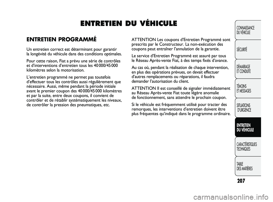 FIAT DUCATO 2009 Notice dentretien (in French) 207
CONNAISSANCE
DU VÉHICULE
SÉCURITÉ
DÉMARRAGE
ET CONDUITE
TÉMOINS
ET MESSAGES
SITUATIONS
D’URGENCE
ENTRETIEN
DU VÉHICULE
CARACTÉRISTIQUES
TECHNIQUES
TABLE
DES MATIÈRES
ENTRETIEN DU VÉ FIAT DUCATO 2009 Notice dentretien (in French) 207
CONNAISSANCE
DU VÉHICULE
SÉCURITÉ
DÉMARRAGE
ET CONDUITE
TÉMOINS
ET MESSAGES
SITUATIONS
D’URGENCE
ENTRETIEN
DU VÉHICULE
CARACTÉRISTIQUES
TECHNIQUES
TABLE
DES MATIÈRES
ENTRETIEN DU VÉ