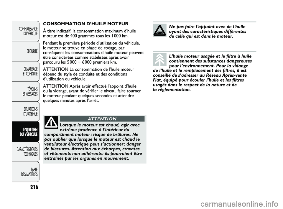 FIAT DUCATO 2009 Notice dentretien (in French) 216
CONNAISSANCE
DU VÉHICULE
SÉCURITÉ
DÉMARRAGE
ET CONDUITE
TÉMOINS
ET MESSAGES
SITUATIONS
D’URGENCE
ENTRETIEN
DU VÉHICULE
CARACTÉRISTIQUES
TECHNIQUES
TABLE
DES MATIÈRES
CONSOMMATION D FIAT DUCATO 2009 Notice dentretien (in French) 216
CONNAISSANCE
DU VÉHICULE
SÉCURITÉ
DÉMARRAGE
ET CONDUITE
TÉMOINS
ET MESSAGES
SITUATIONS
D’URGENCE
ENTRETIEN
DU VÉHICULE
CARACTÉRISTIQUES
TECHNIQUES
TABLE
DES MATIÈRES
CONSOMMATION D