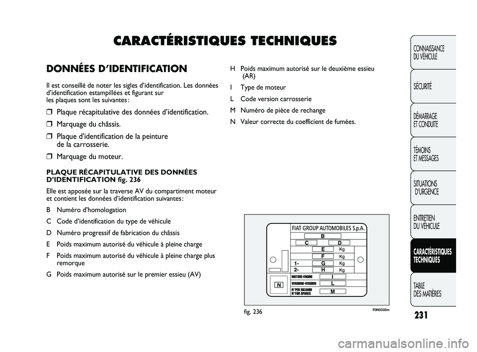 FIAT DUCATO 2009  Notice dentretien (in French) 231
F0N0333mfig. 236
H Poids maximum autorisé sur le deuxième essieu
(AR)
I Type de moteur
L Code version carrosserie
M Numéro de pièce de rechange
N Valeur correcte du coefficient de fumées.
CON