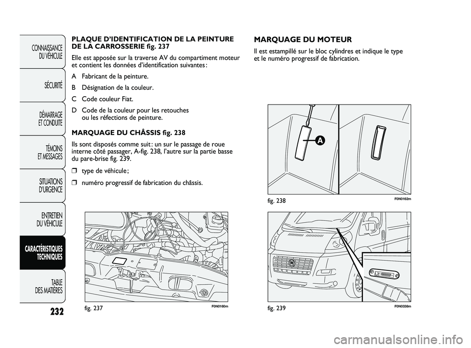 FIAT DUCATO 2009  Notice dentretien (in French) 232
F0N0160mfig. 237F0N0338mfig. 239
F0N0162mfig. 238
MARQUAGE DU MOTEUR
Il est estampillé sur le bloc cylindres et indique le type 
et le numéro progressif de fabrication. PLAQUE D’IDENTIFICATION